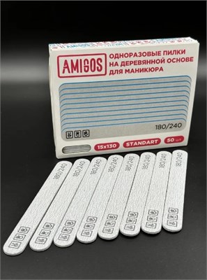 НАБОР Пилки овал на деревянной основе AMIGOS Мини 180/240 грит, 15x130 мм, gray, 50 шт 4673754401339